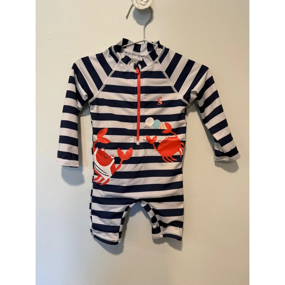 Joules Kids Navy White Striped Crab Rash Guard Swim Suit 9-12M 221319